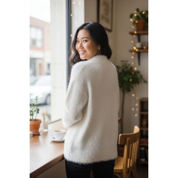 LC Lauren Conrad Open Front Samba Eyelash Yarn White L/S Cardigan Sweater M - Picture 1 of 7